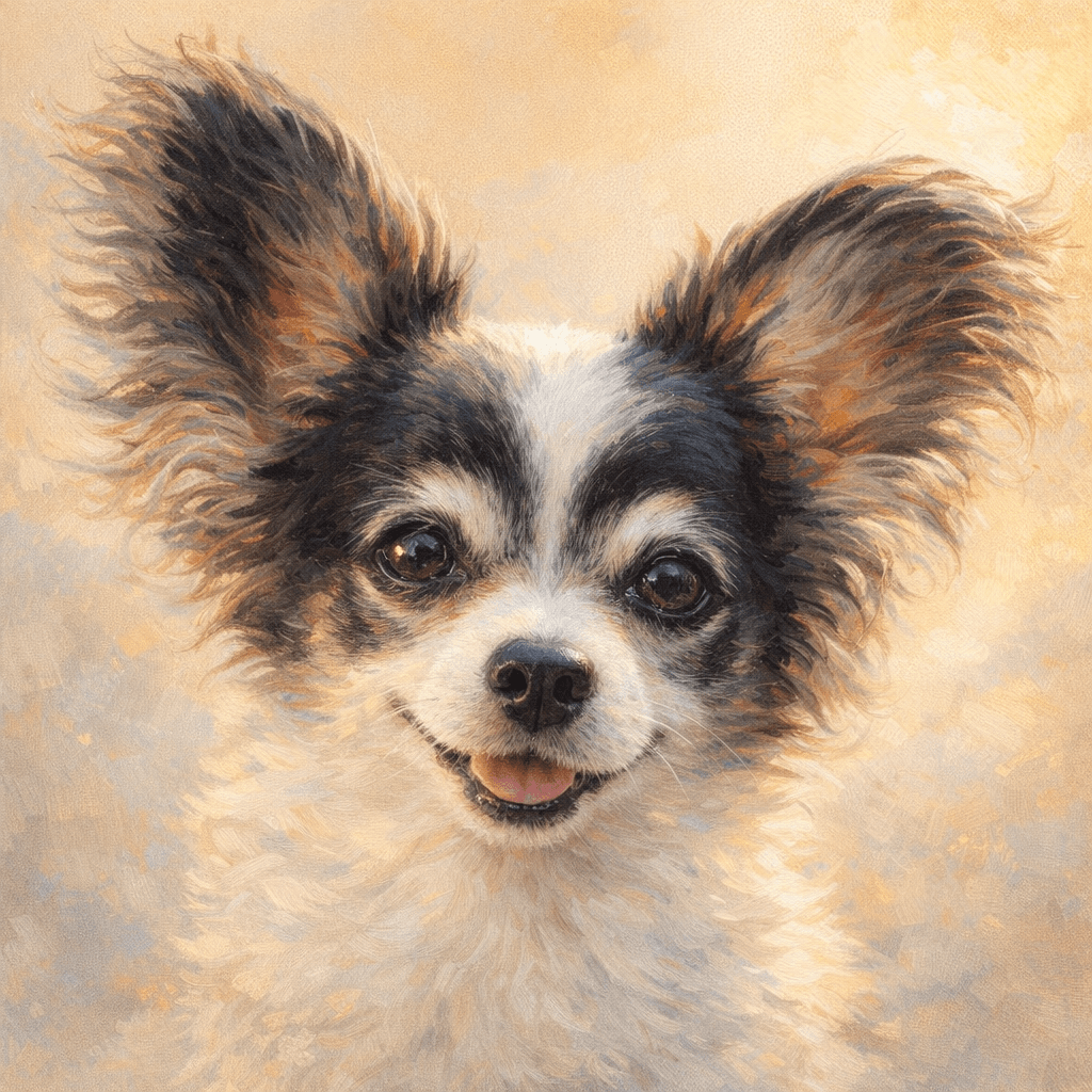 Papillon in contemporary oil with warm golden light